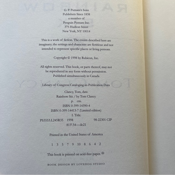 First Edition Hardcover “Rainbow Six” Tom Clancy 1998 First Print - Picture 8 of 11